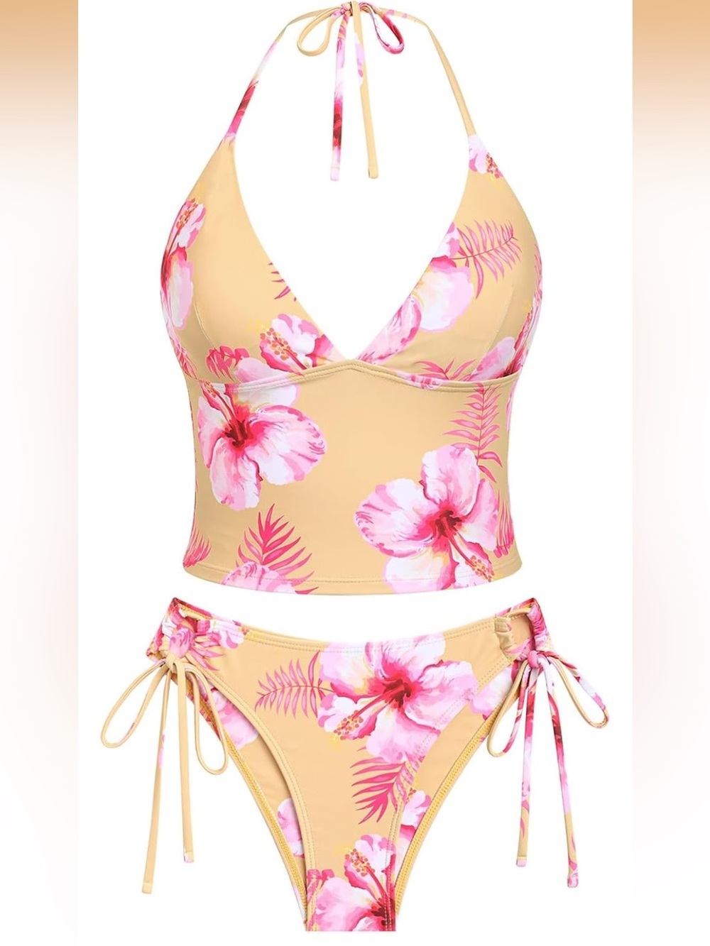 Tankini Floral Leaves Plunging Neck Halter Tie Side Tankini Set. 2204/bb4-1